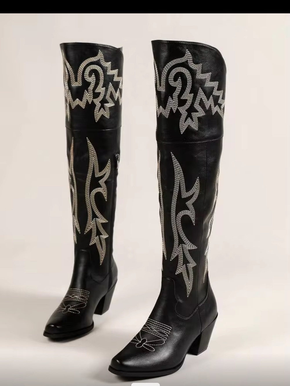 SHEIN Black Embroidered Over-the-Knee Western Boots